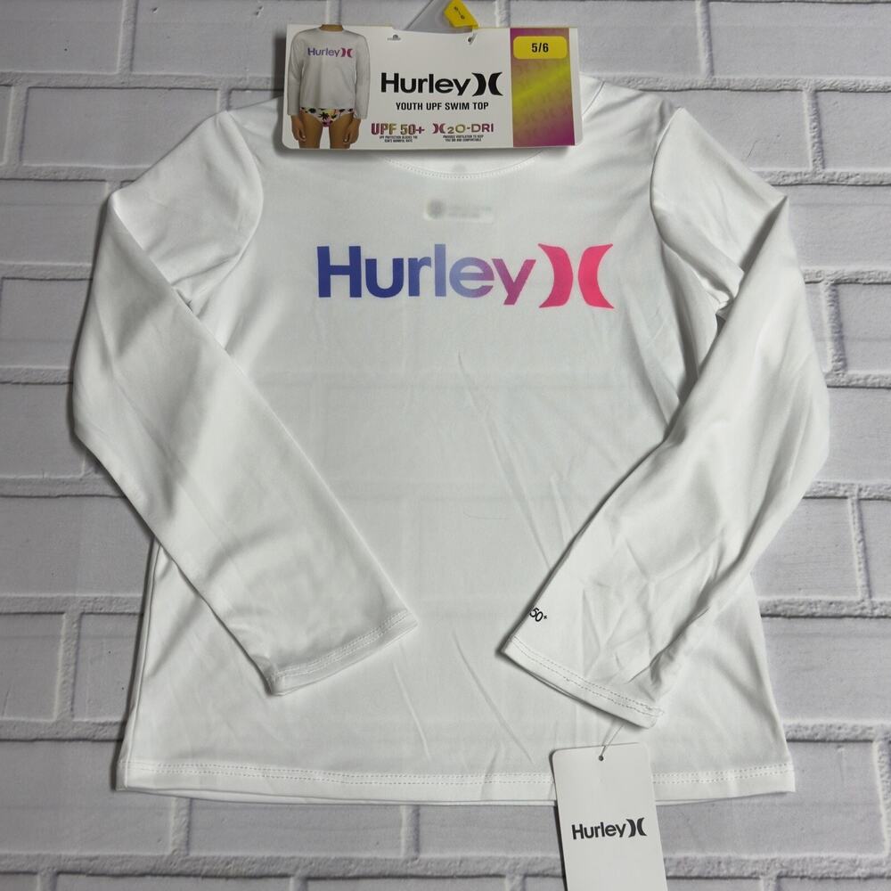 Hurley Dri-Fit Swim Shirt Girls 5/6 White Rash Guard Long Sleeve UPF 50+
